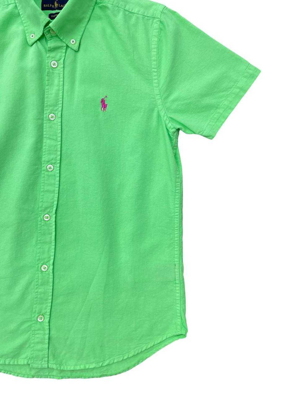 Camisa Ralph Lauren Masculina Oxford Manga Curta Verde Claro Pony Rosa Pink