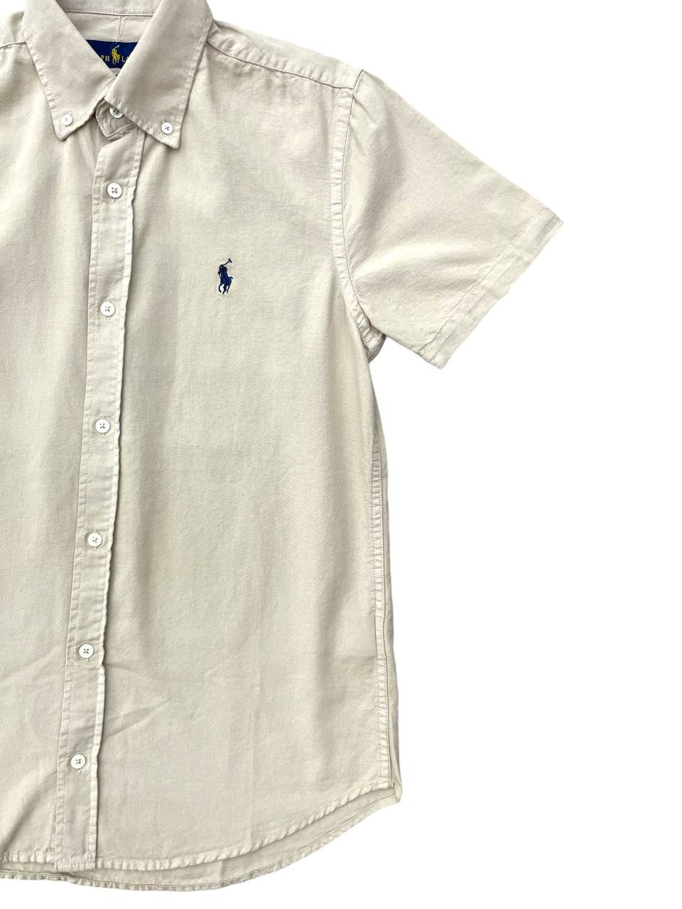 Camisa Ralph Lauren Masculina Oxford Manga Curta Palha Pony Marinho
