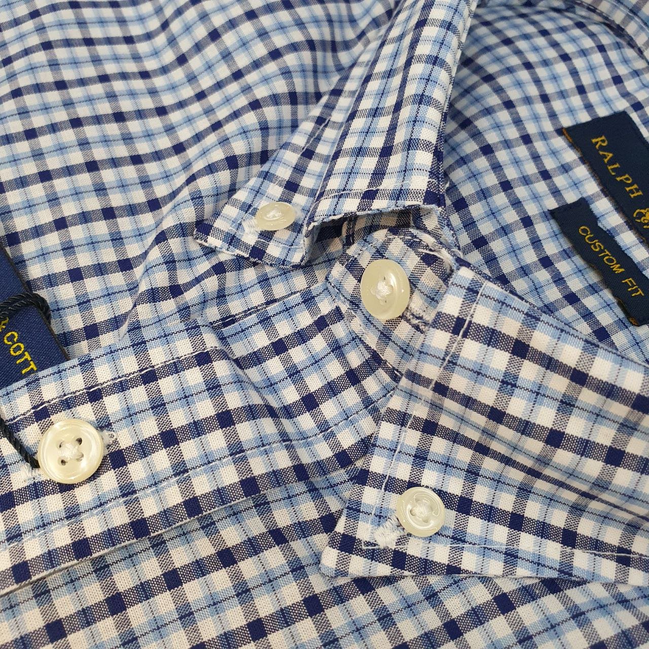 Camisa Ralph Lauren Masculina Micro Xadrez Azul Celeste Pony Preto