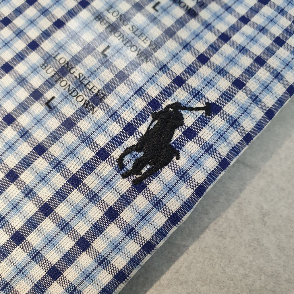 Camisa Ralph Lauren Masculina Micro Xadrez Azul Celeste Pony Preto