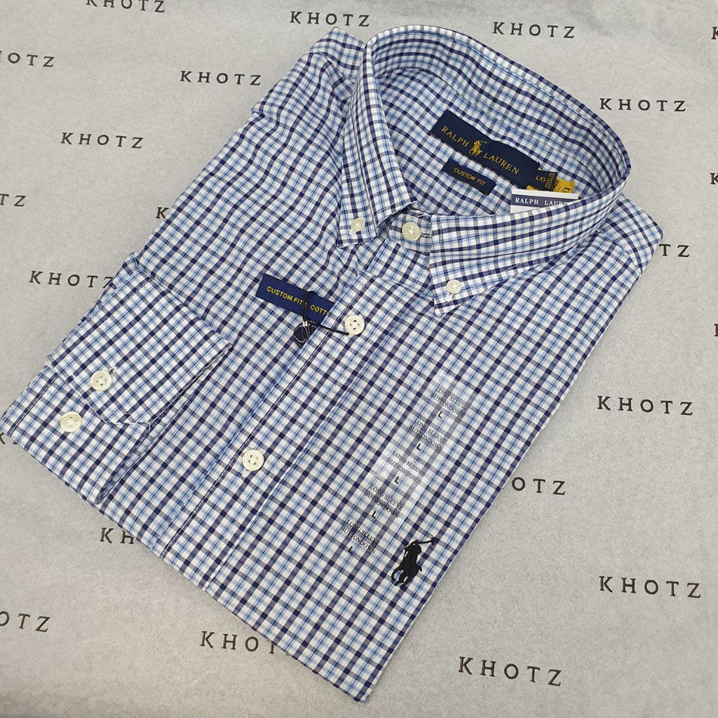 Camisa Ralph Lauren Masculina Micro Xadrez Azul Celeste Pony Preto