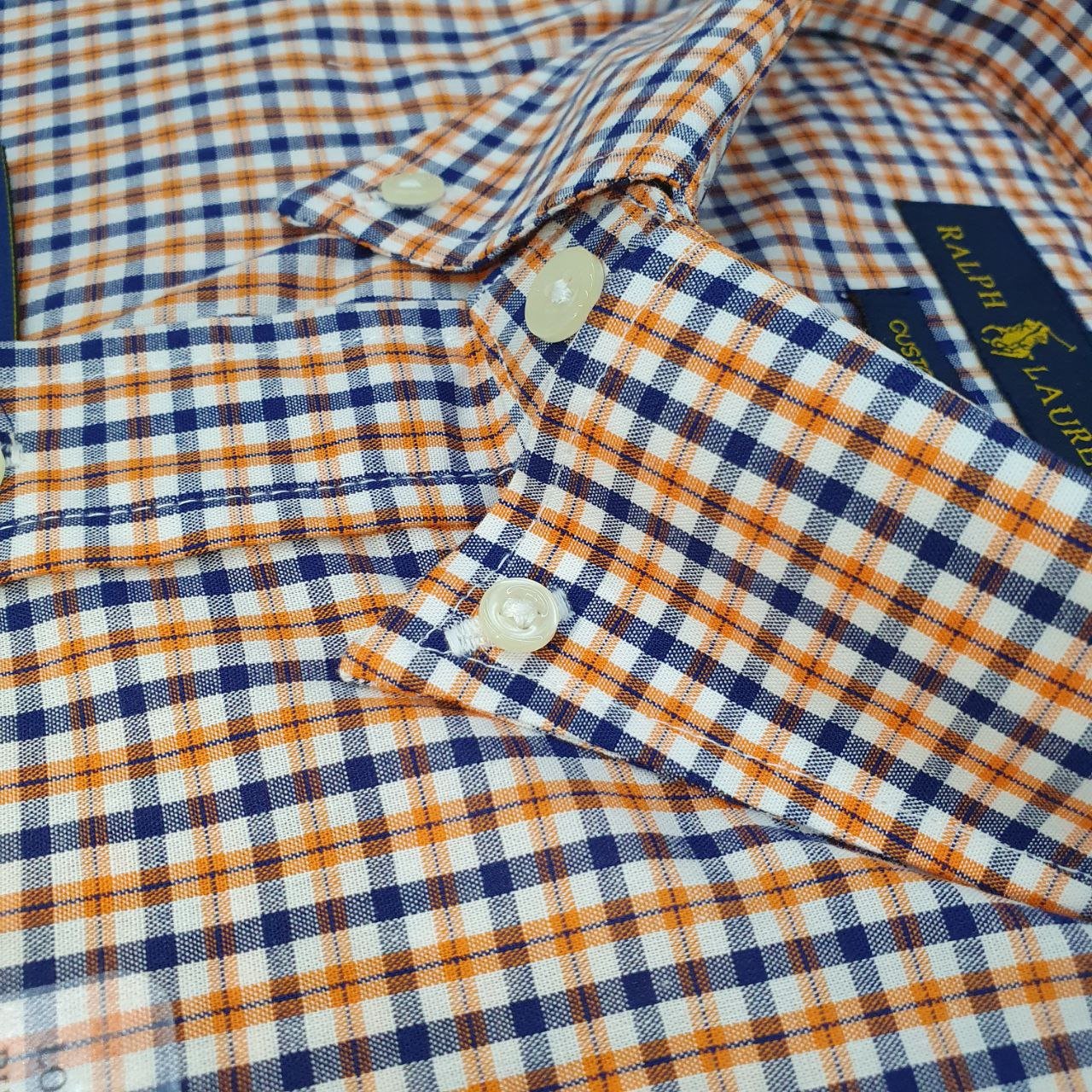 Camisa Ralph Lauren Masculina Micro Xadrez Laranja Pony Preto