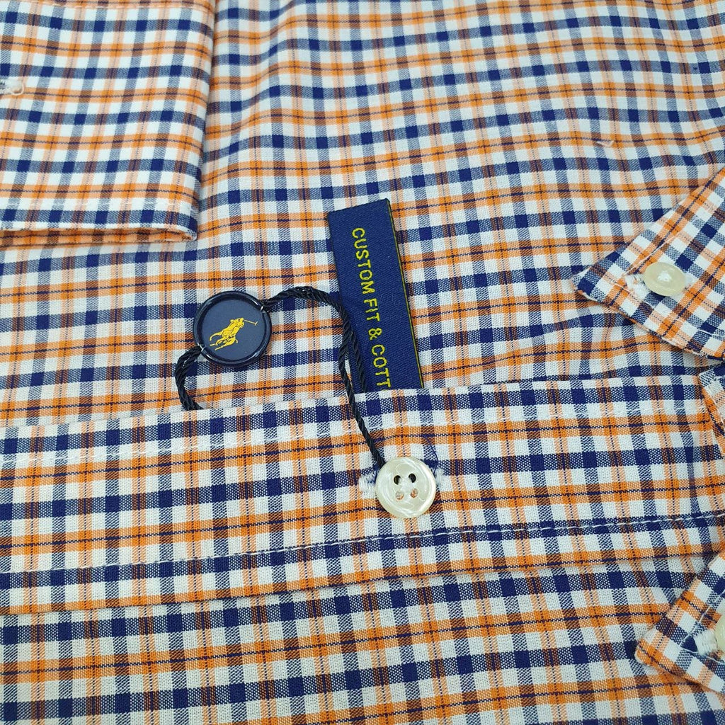 Camisa Ralph Lauren Masculina Micro Xadrez Laranja Pony Preto