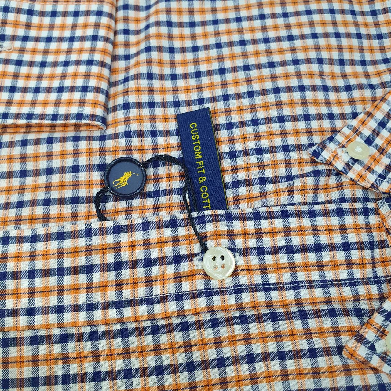Camisa Ralph Lauren Masculina Micro Xadrez Laranja Pony Preto