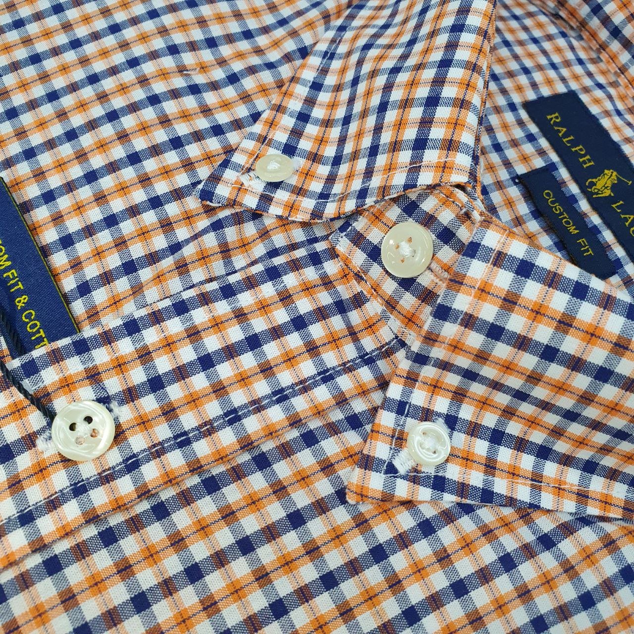 Camisa Ralph Lauren Masculina Micro Xadrez Laranja Pony Preto