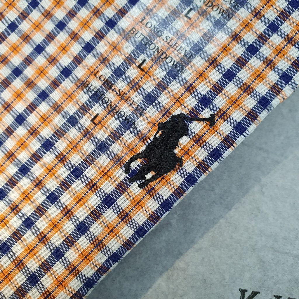 Camisa Ralph Lauren Masculina Micro Xadrez Laranja Pony Preto