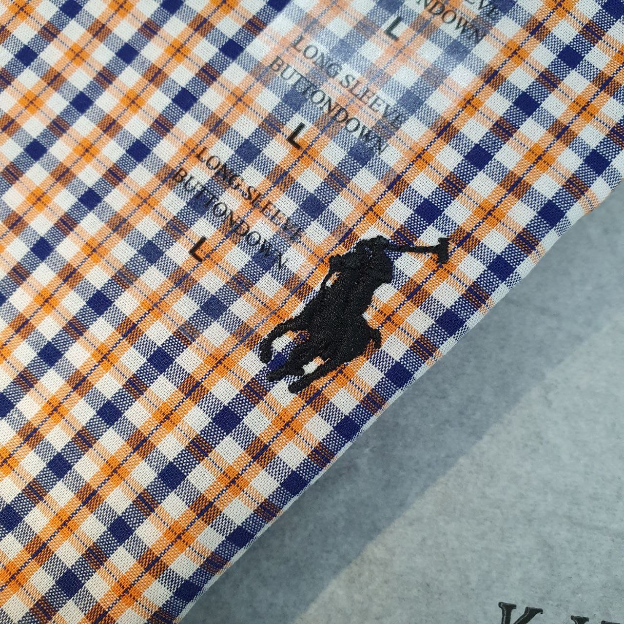 Camisa Ralph Lauren Masculina Micro Xadrez Laranja Pony Preto