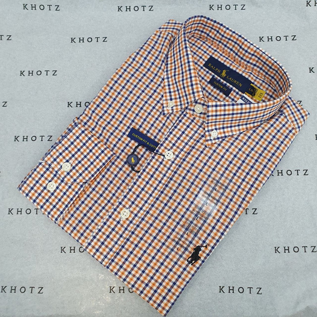 Camisa Ralph Lauren Masculina Micro Xadrez Laranja Pony Preto