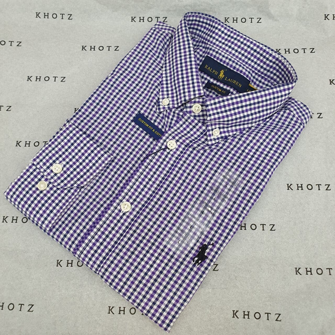 Camisa Ralph Lauren Masculina Micro Xadrez Lilás Pony Preto