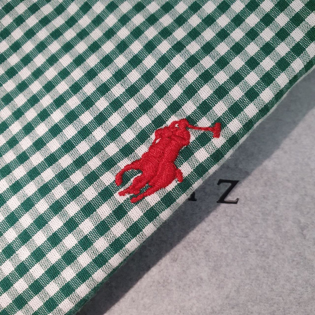 Camisa Ralph Lauren Masculina Micro Xadrez Verde Pony Vermelho