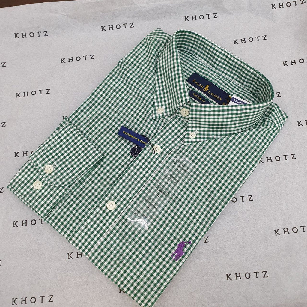 Camisa Ralph Lauren Masculina Micro Xadrez Verde Pony Roxo