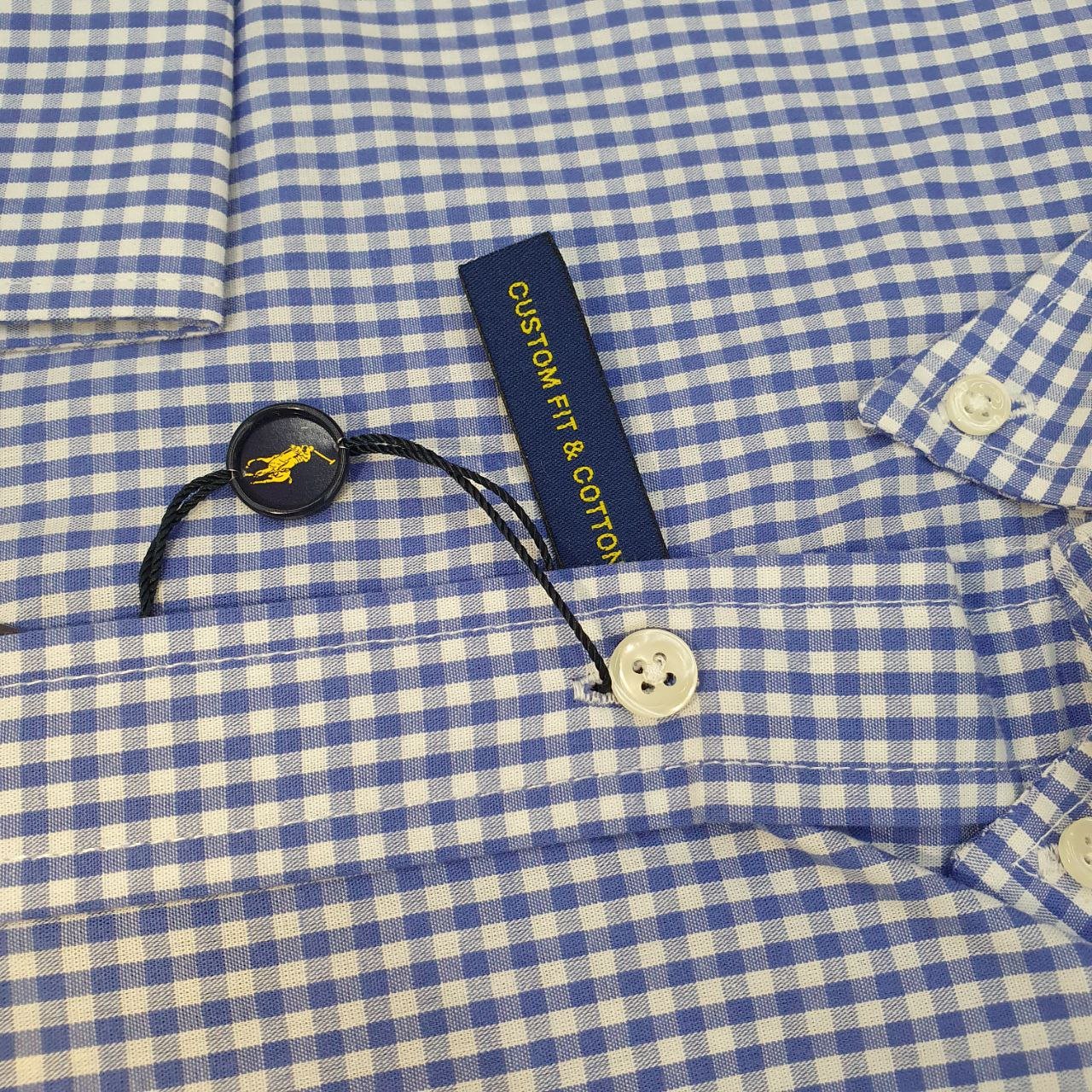Camisa Ralph Lauren Masculina Micro Xadrez Azul Royal Pony Amarelo