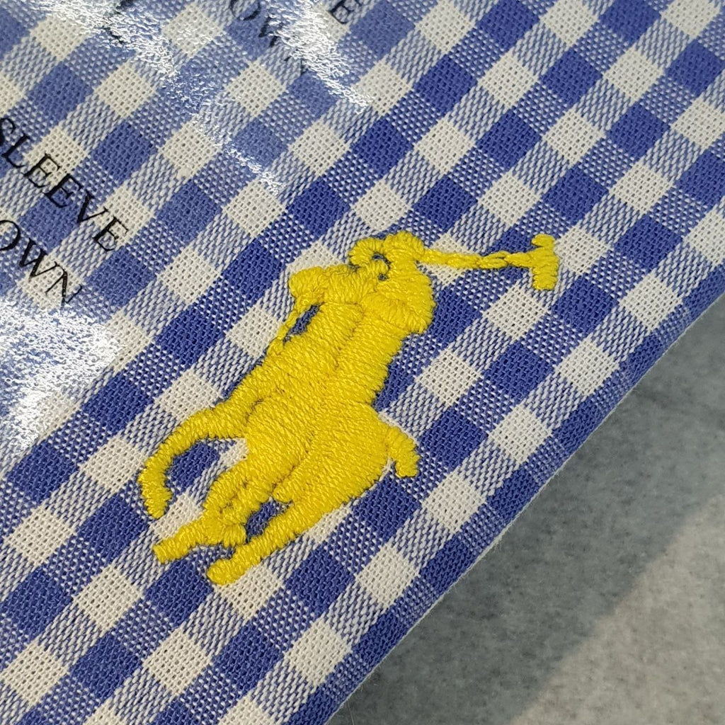 Camisa Ralph Lauren Masculina Micro Xadrez Azul Royal Pony Amarelo