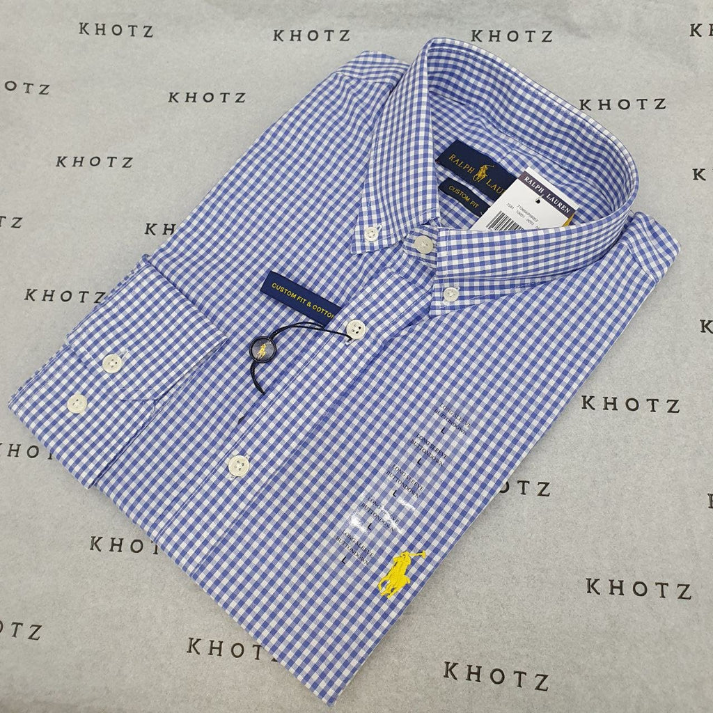 Camisa Ralph Lauren Masculina Micro Xadrez Azul Royal Pony Amarelo