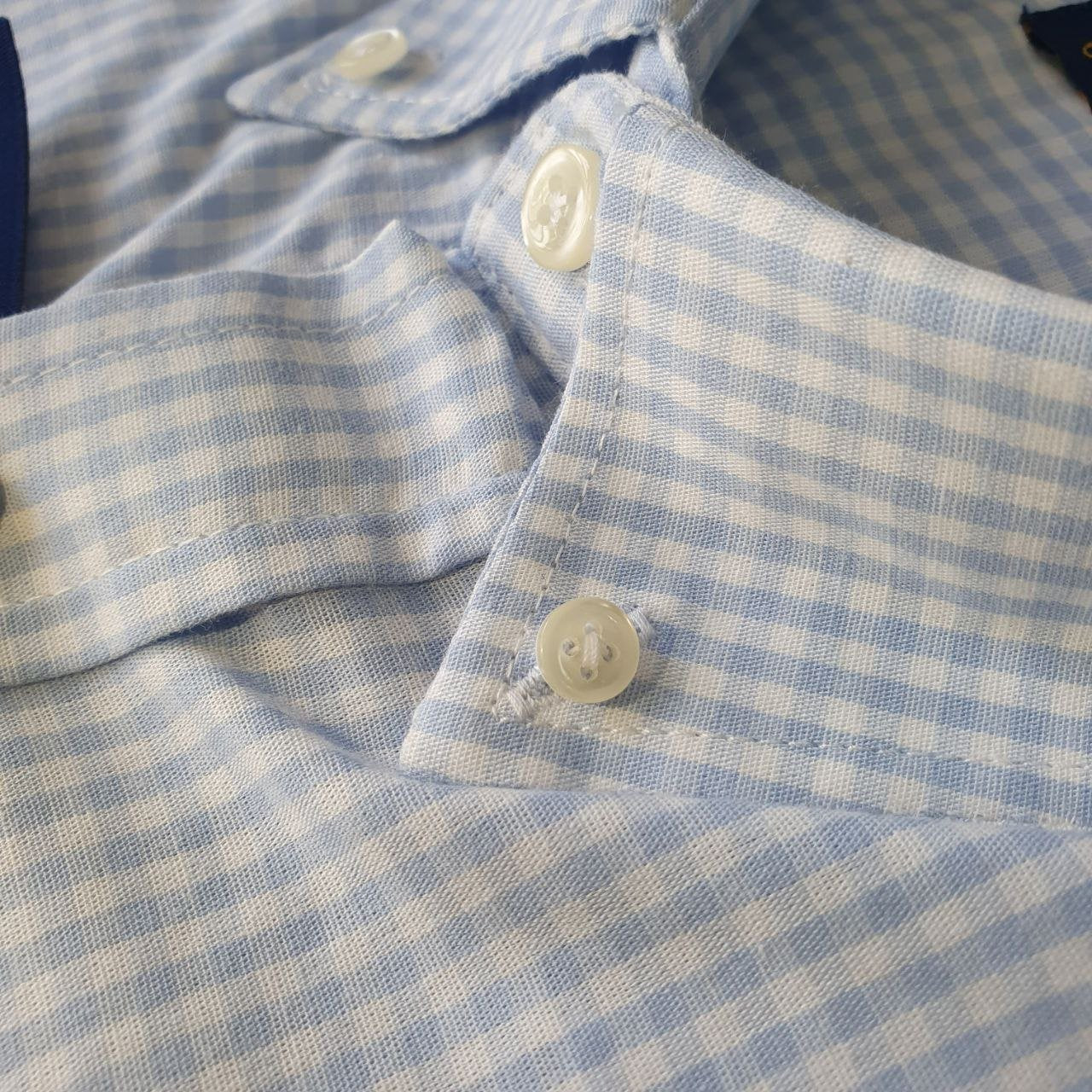 Camisa Ralph Lauren Masculina Micro Xadrez Azul Bebê Pony Branco