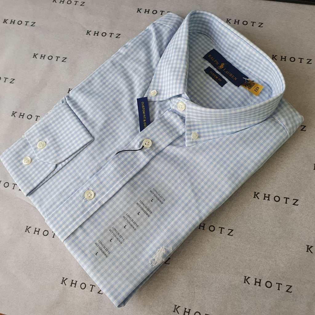 Camisa Ralph Lauren Masculina Micro Xadrez Azul Bebê Pony Branco