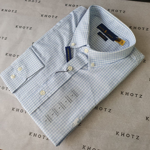 Camisa Ralph Lauren Masculina Micro Xadrez Azul Bebê Pony Branco