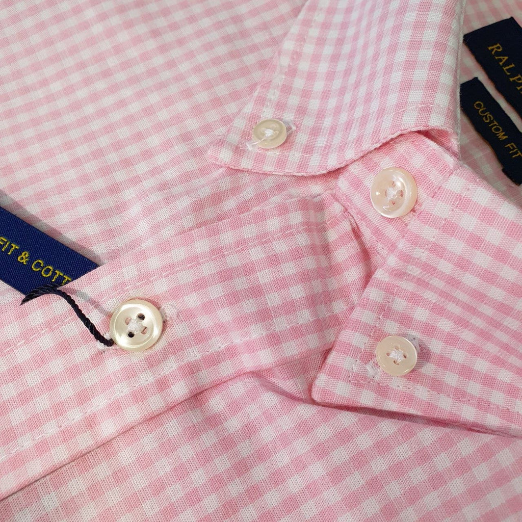 Camisa Ralph Lauren Masculina Micro Xadrez Rosa Pony Azul Bebê
