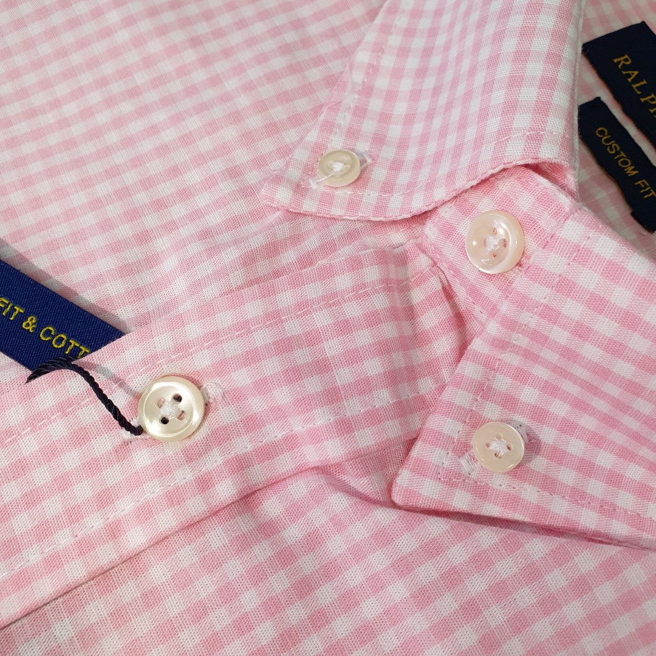 Camisa Ralph Lauren Masculina Micro Xadrez Rosa Pony Azul Bebê