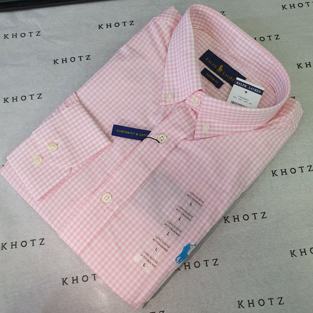 Camisa Ralph Lauren Masculina Micro Xadrez Rosa Pony Azul Bebê