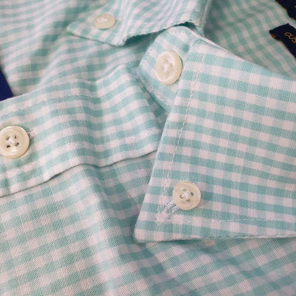 Camisa Ralph Lauren Masculina Micro Xadrez Verde Água Pony Laranja