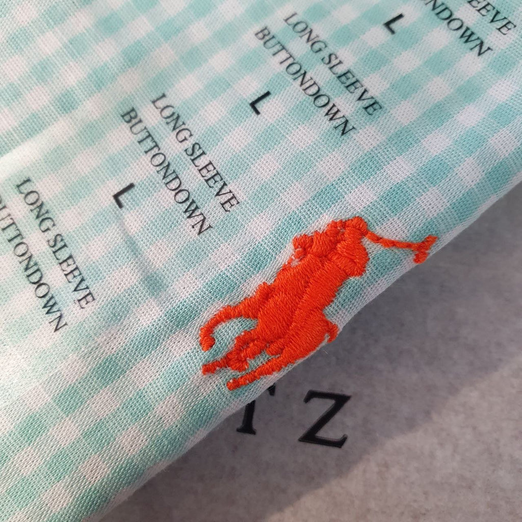 Camisa Ralph Lauren Masculina Micro Xadrez Verde Água Pony Laranja