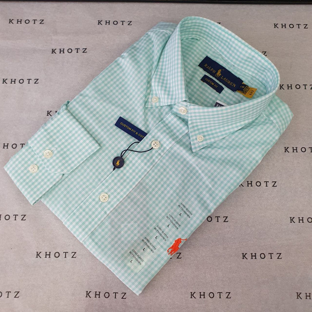 Camisa Ralph Lauren Masculina Micro Xadrez Verde Água Pony Laranja