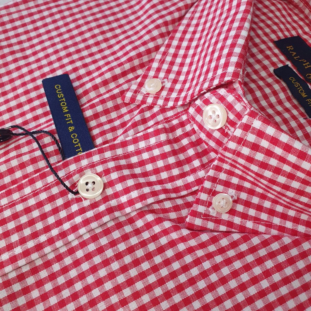 Camisa Ralph Lauren Masculina Micro Xadrez Vermelho Pony Azul Celeste