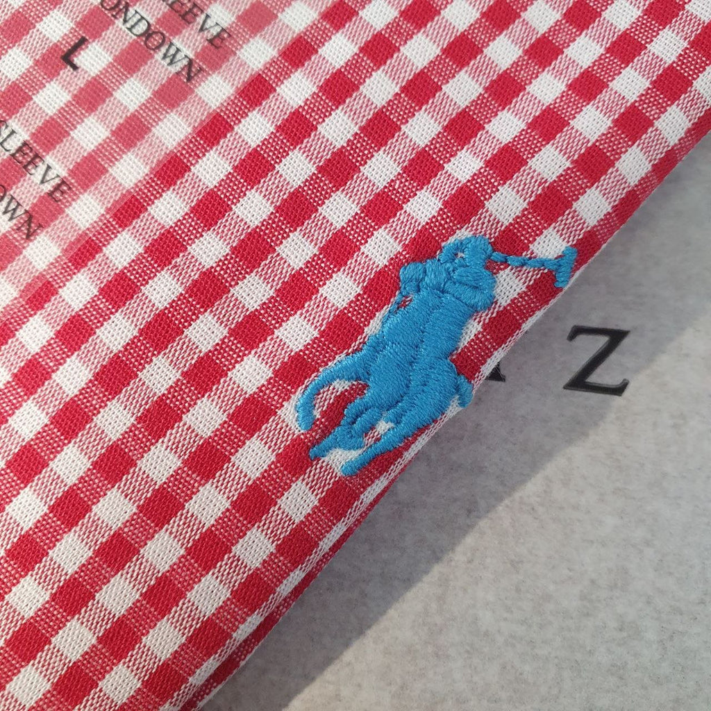 Camisa Ralph Lauren Masculina Micro Xadrez Vermelho Pony Azul Celeste