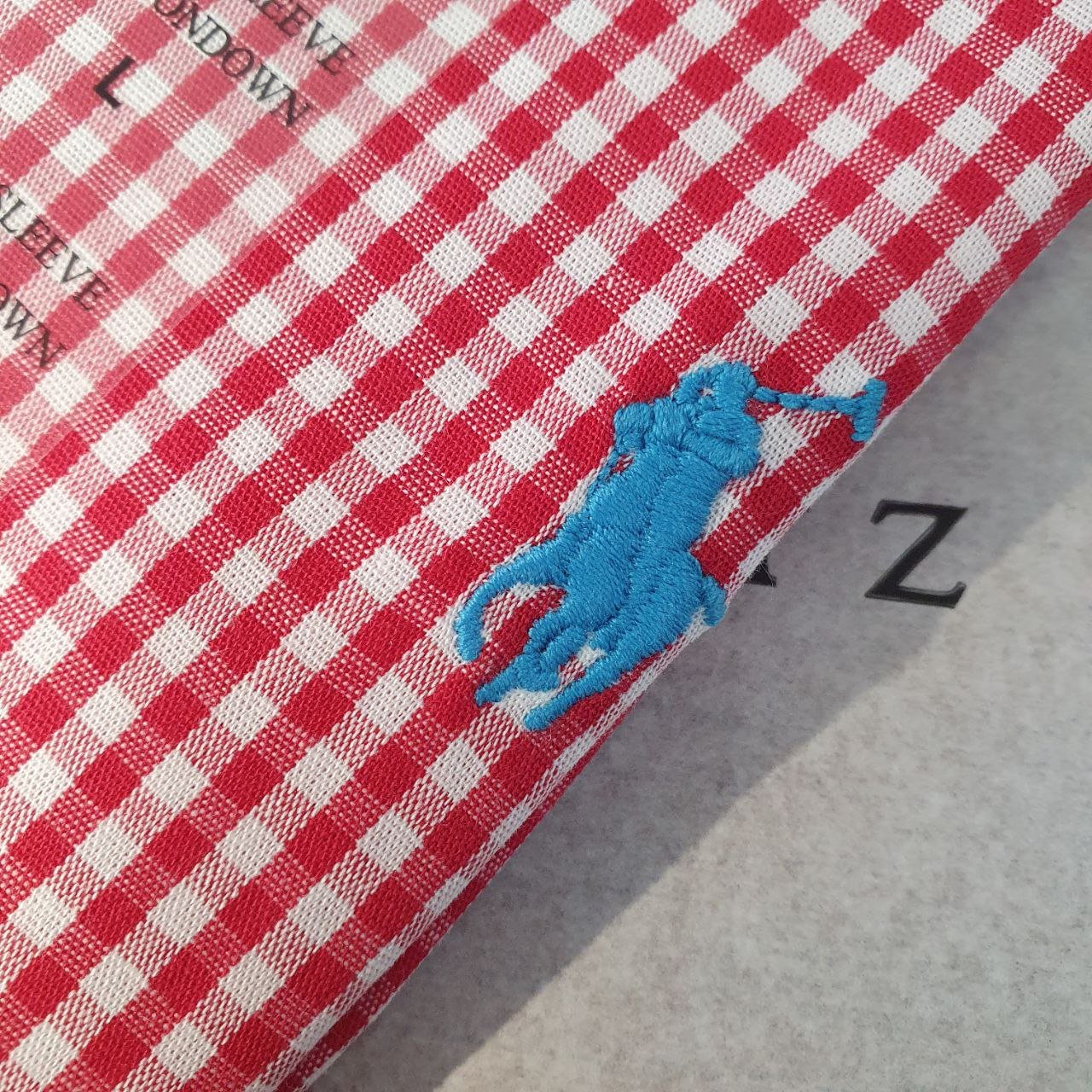 Camisa Ralph Lauren Masculina Micro Xadrez Vermelho Pony Azul Celeste