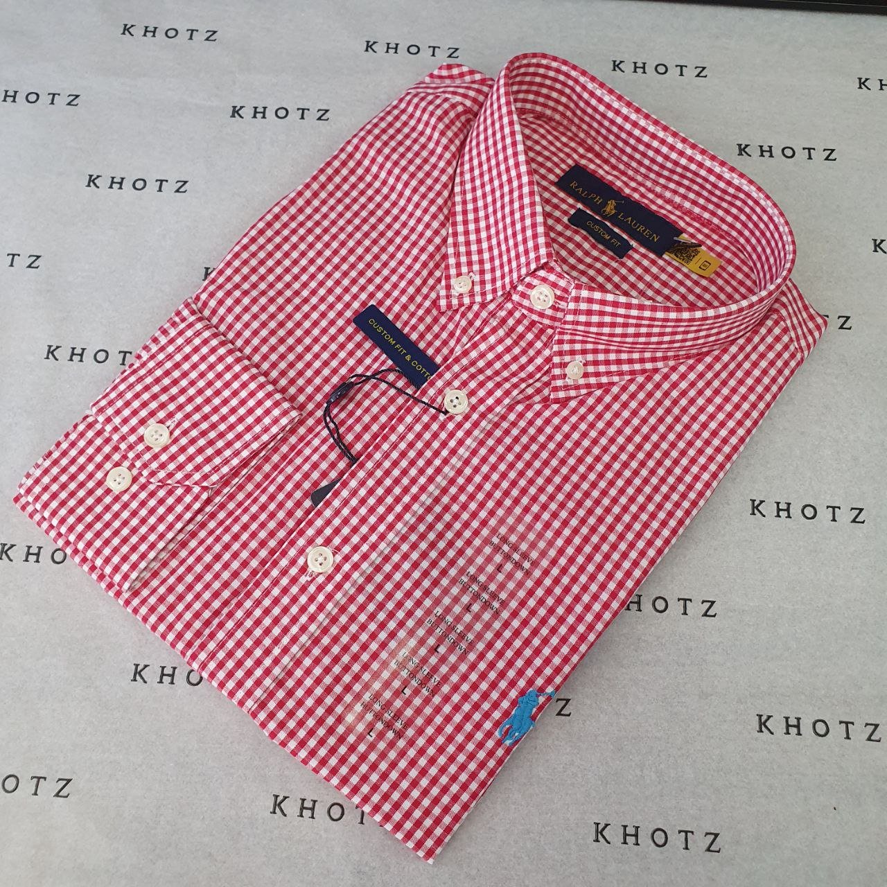 Camisa Ralph Lauren Masculina Micro Xadrez Vermelho Pony Azul Celeste