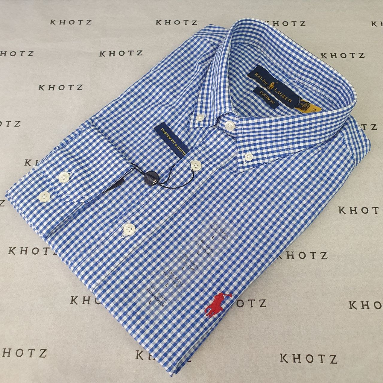 Camisa Ralph Lauren Masculina Micro Xadrez Azul Royal Pony Vermelho