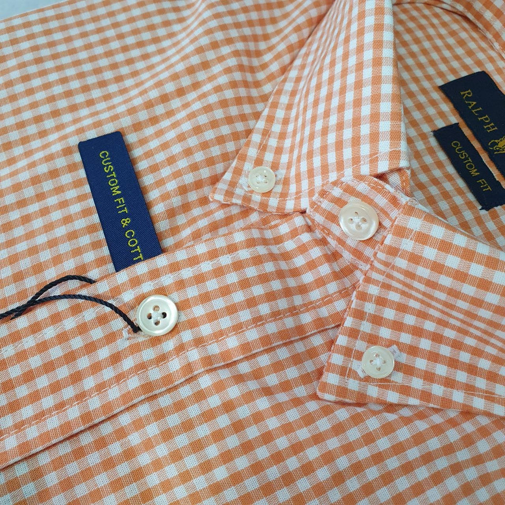 Camisa Ralph Lauren Masculina Micro Xadrez Laranja Pony Roxo