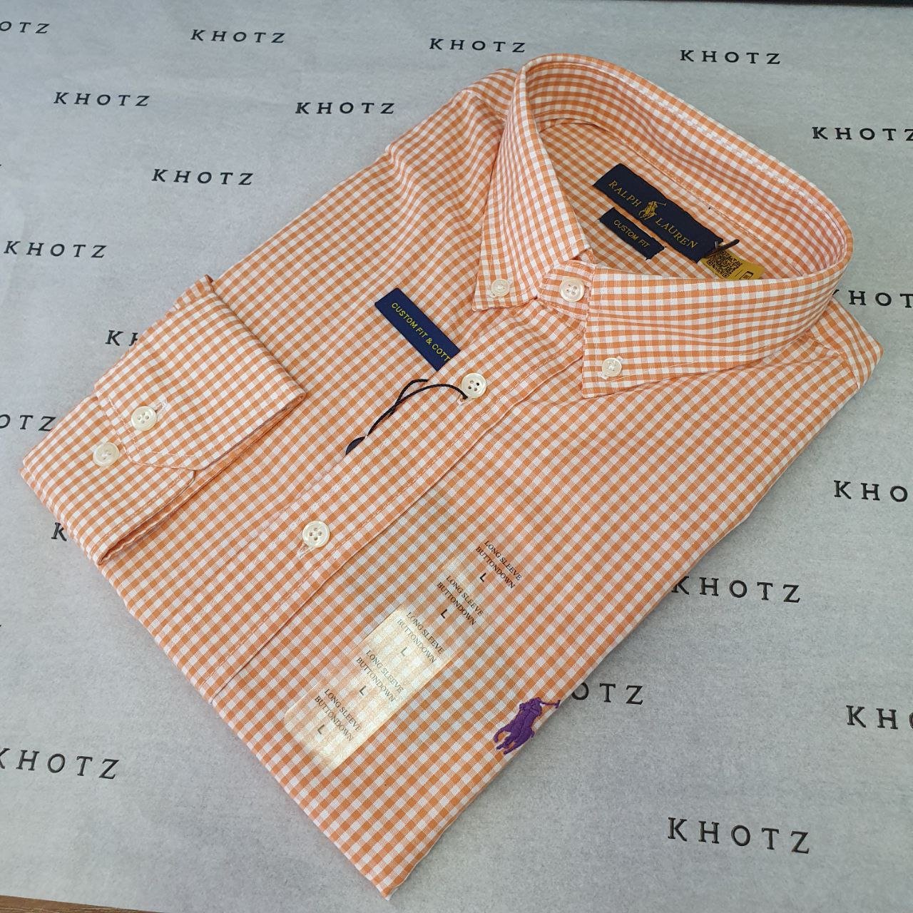Camisa Ralph Lauren Masculina Micro Xadrez Laranja Pony Roxo