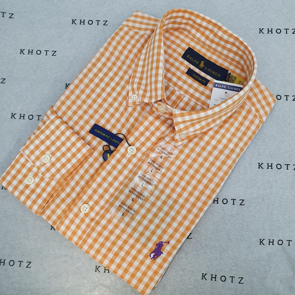 Camisa Ralph Lauren Masculina Xadrez Laranja Pony Roxo