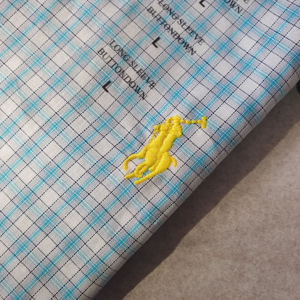 Camisa Ralph Lauren Masculina Xadrez Europeu Azul Bebê Pony Amarelo