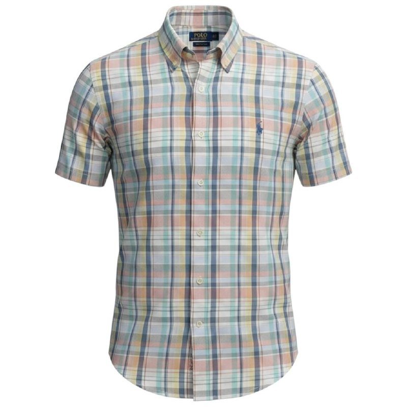 Camisa Ralph Lauren Masculina Manga Curta Xadrez Aquarela Americano Pony Azul Celeste