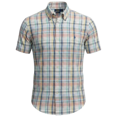 Camisa Ralph Lauren Masculina Manga Curta Xadrez Aquarela Americano Pony Azul Celeste