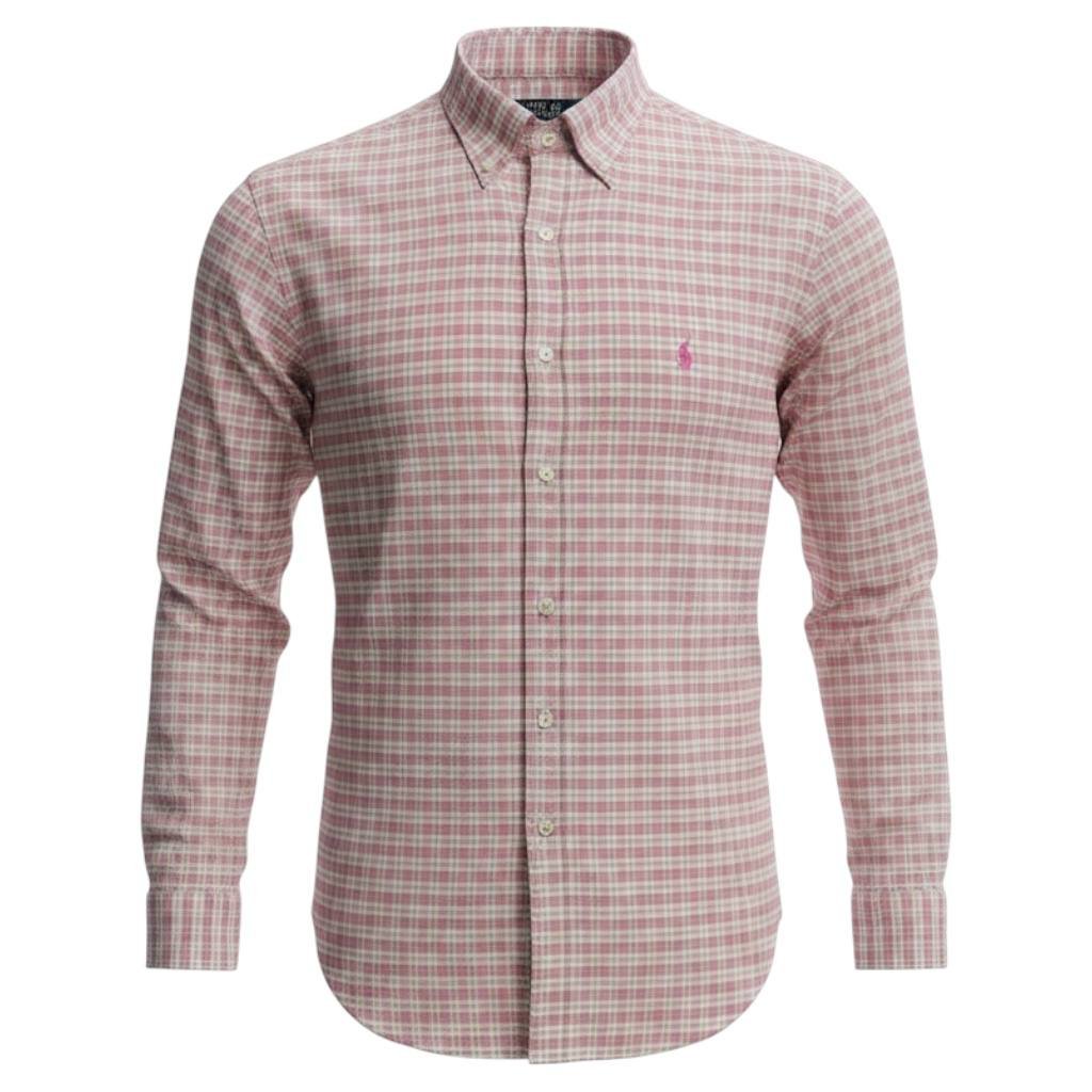 Camisa Ralph Lauren Masculina Oxford Xadrez Invernal Rosa Pony Goiaba