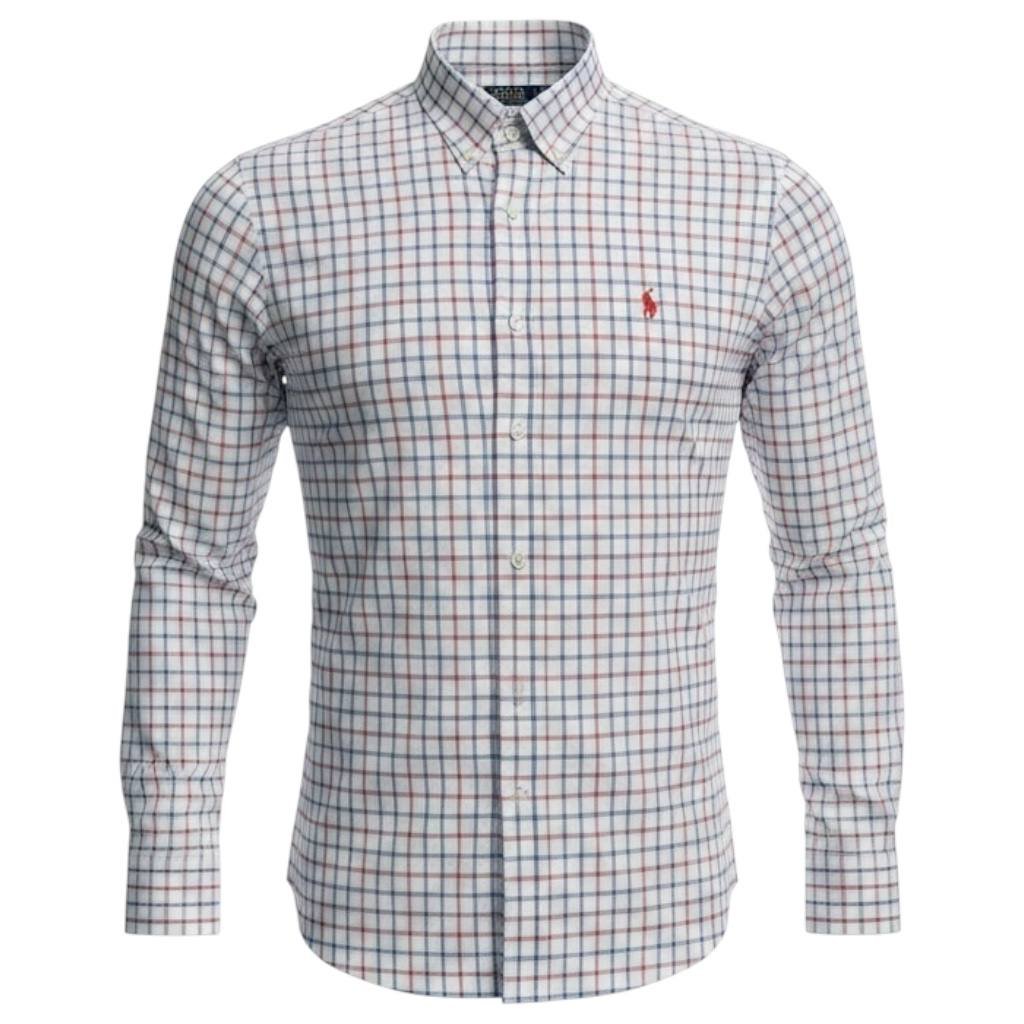 Camisa Ralph Lauren Masculina Oxford Xadrez Invernal Branca Pony Vermelho