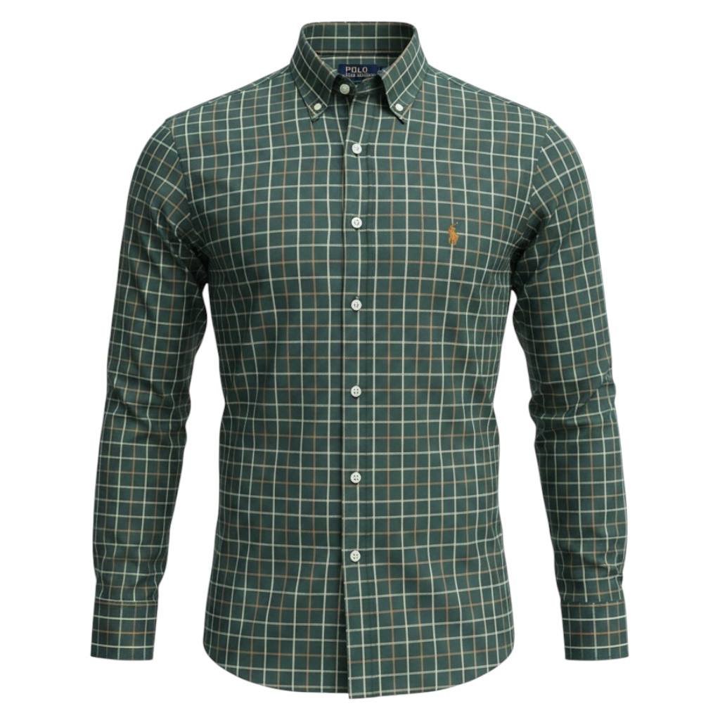 Camisa Ralph Lauren Masculina Oxford Xadrez Invernal Verde Pony Abóbora