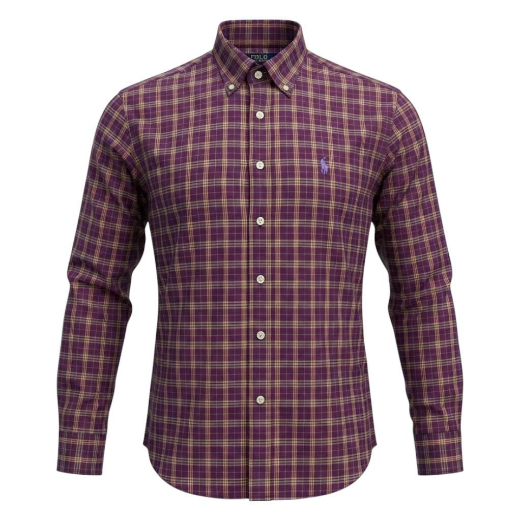 Camisa Ralph Lauren Masculina Oxford Xadrez Invernal Vinho Pony Roxo