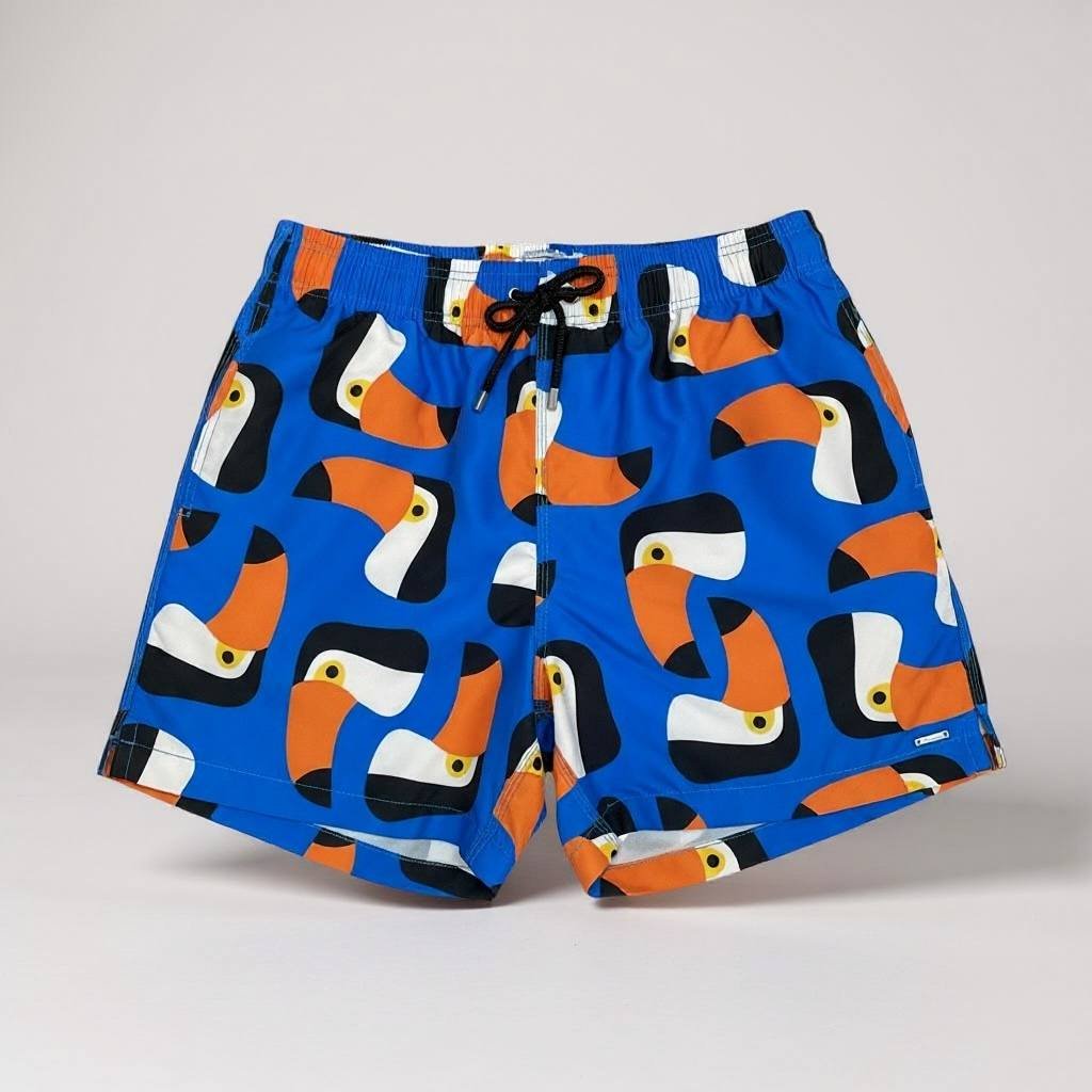 Shorts Praia Masculino Khotz Estampa Tucano Azul com Ponteiras em Metal