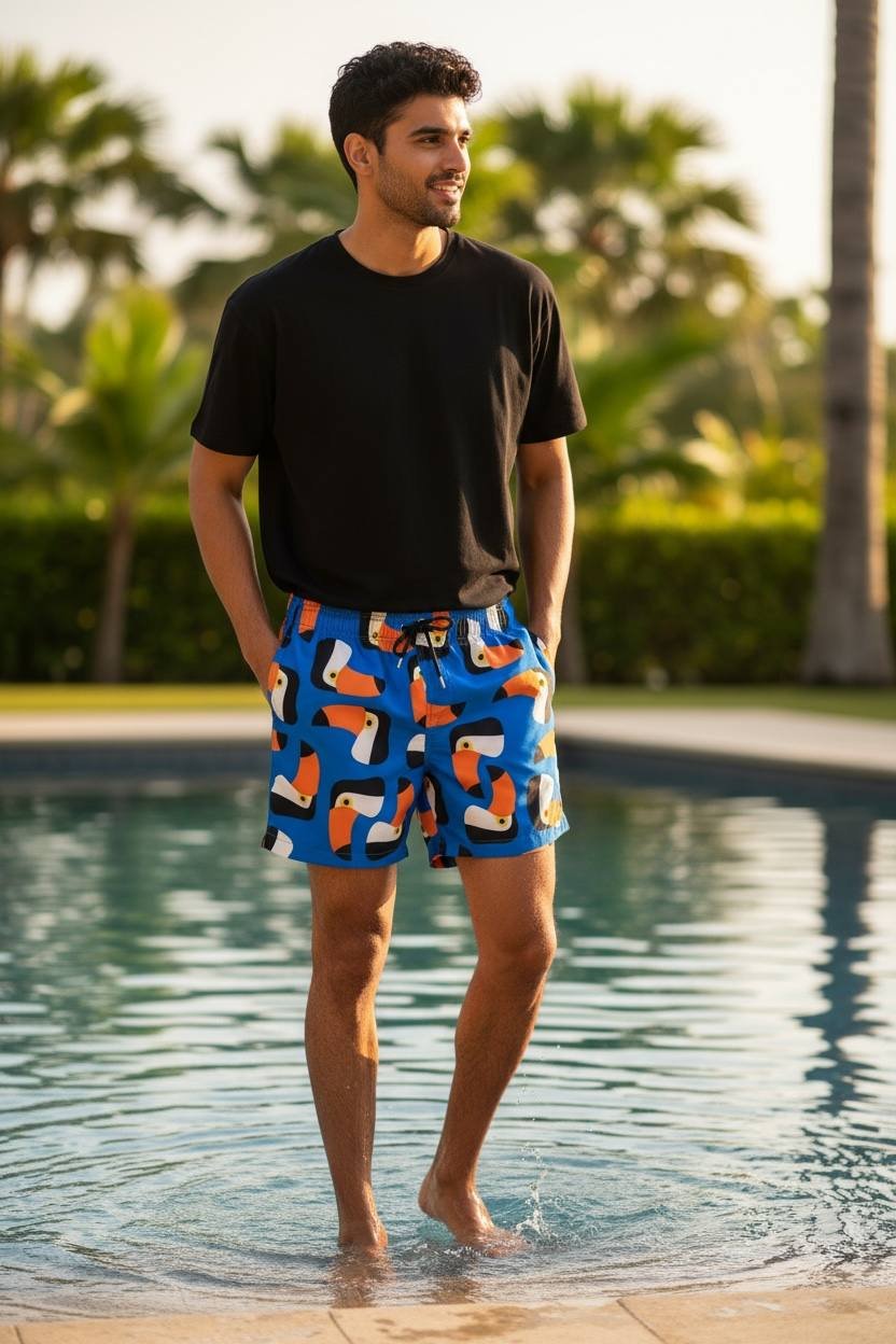 Shorts Praia Masculino Khotz Estampa Tucano Azul com Ponteiras em Metal