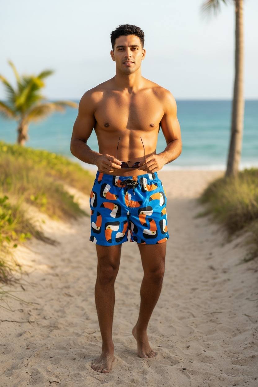 Shorts Praia Masculino Khotz Estampa Tucano Azul com Ponteiras em Metal