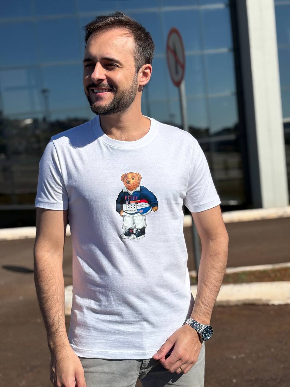 Camiseta Básica Masculina Ralph Lauren Branca Urso Americano