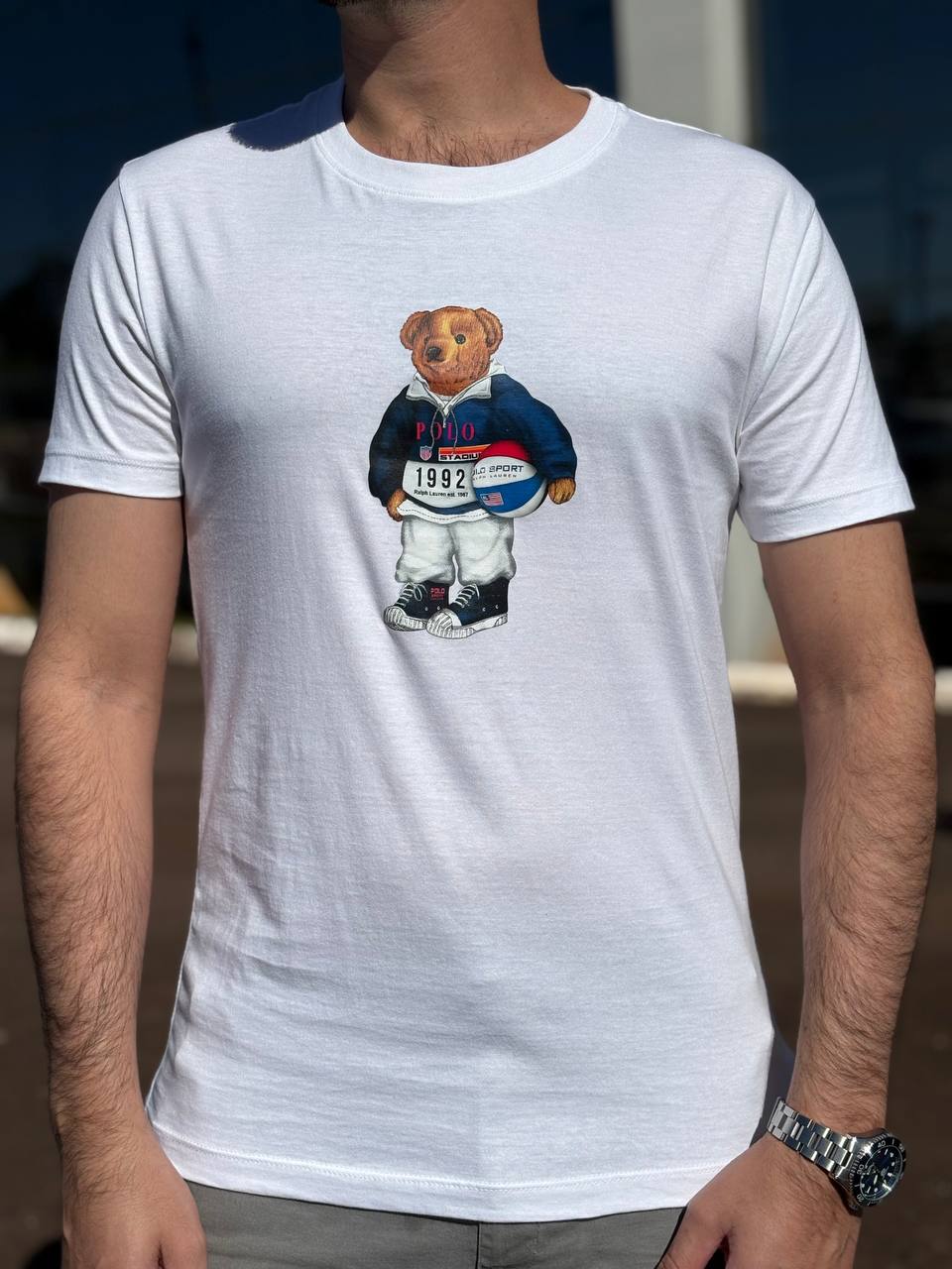 Camiseta Básica Masculina Ralph Lauren Branca Urso Americano