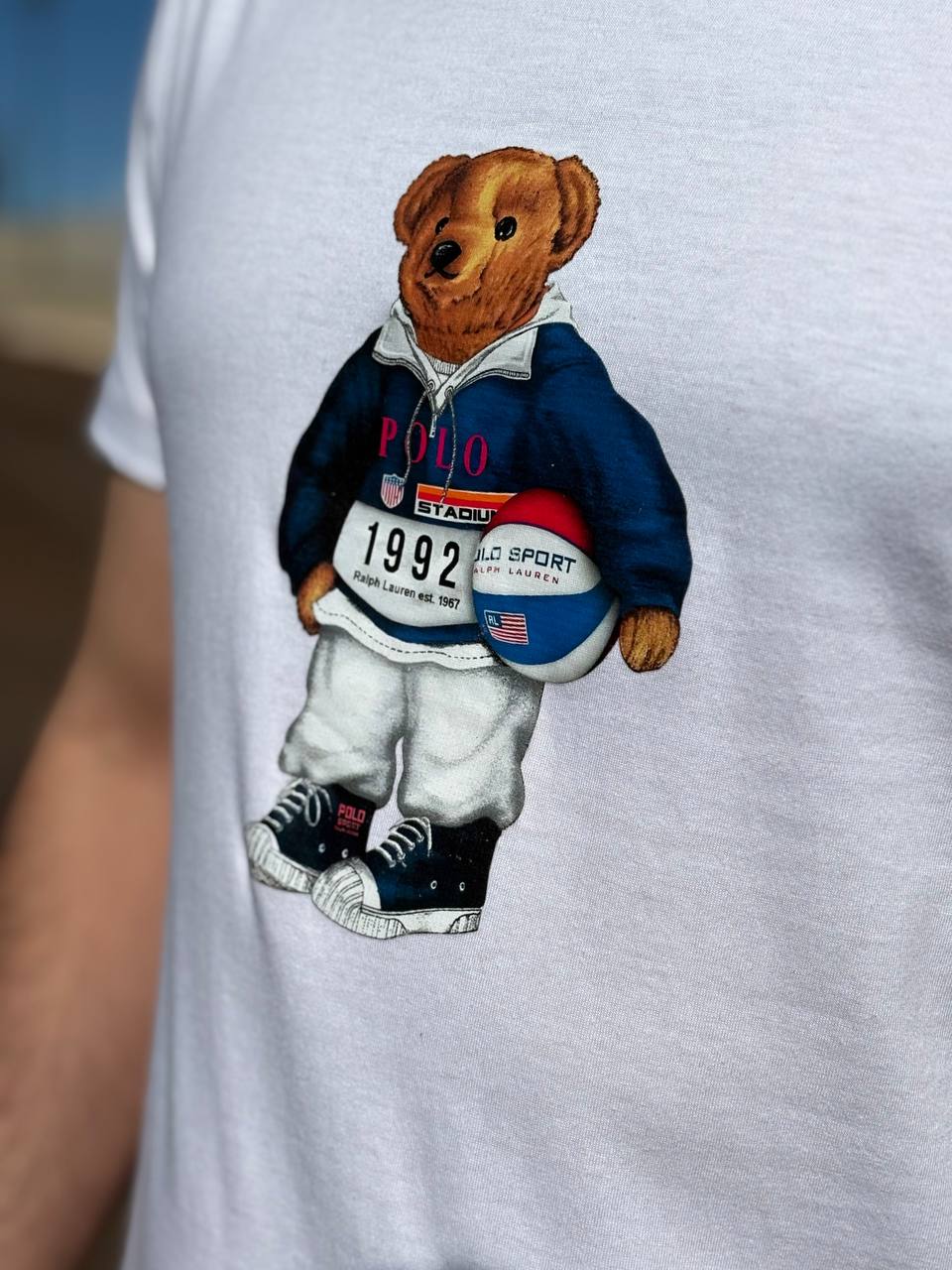 Camiseta Básica Masculina Ralph Lauren Branca Urso Americano