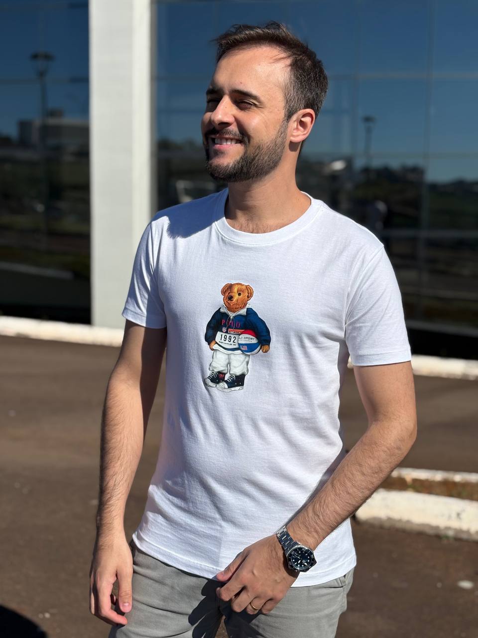 Camiseta Básica Masculina Ralph Lauren Branca Urso Americano