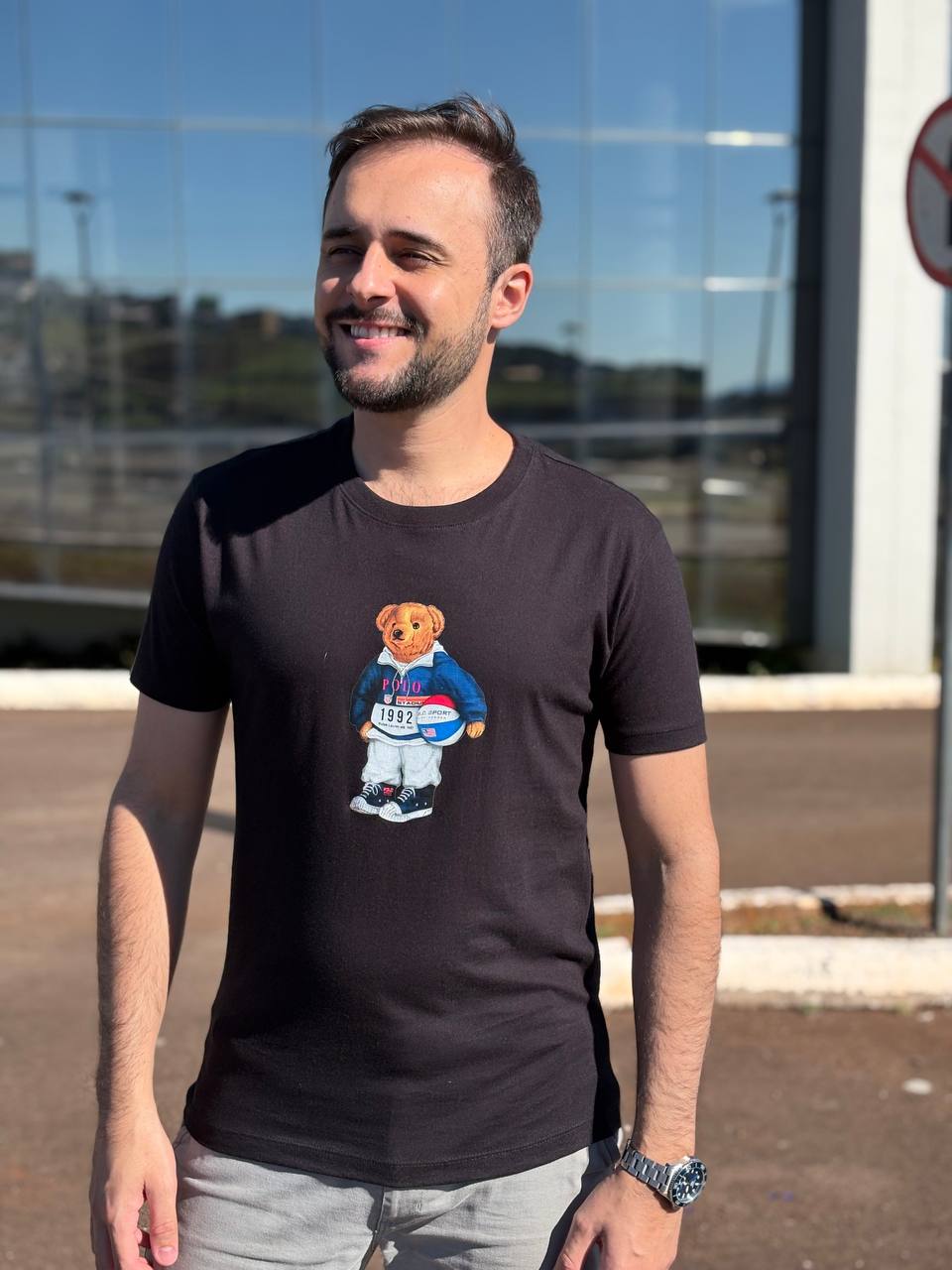 Camiseta Básica Masculina Ralph Lauren Preta Urso Americano
